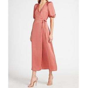 Satin Puff Sleeve Belted Wrap Maxi Dress | Express